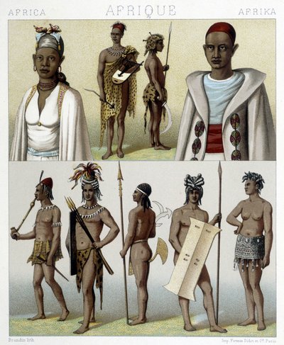 Tradiční kroje a šperky z Timbuktu a Horního Nilu. Ilustrace v „“Le Kostým historique““ od Racinet od Albert Charles August Racinet