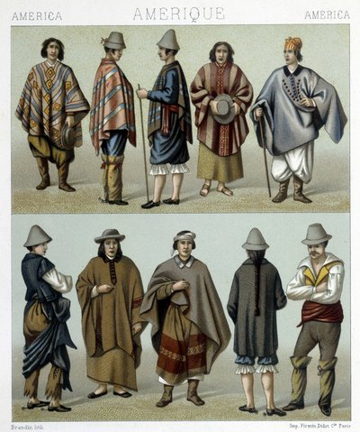 Tradiční kroje Chile. Ilustrace v „Historickém kostýmu“ od Racinet od Albert Charles August Racinet