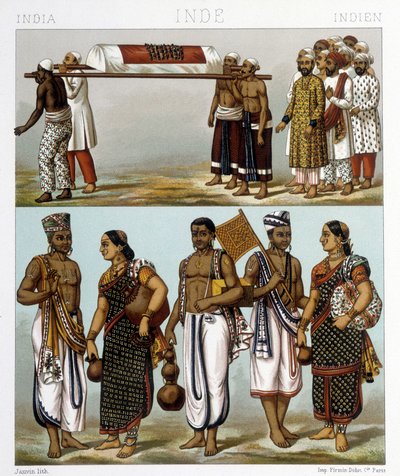 Tradiční kostýmy muslimů (nahoře na obrázku) a hinduistů (dole) žijících v Indii. Ilustrace v „“Le Kostým historique““ od Racinet od Albert Charles August Racinet
