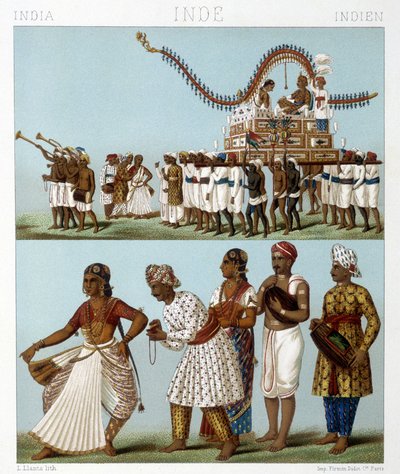 Doprava, hudba, tanec a tradiční kroje Indie. Ilustrace v „“Le Kostým historique““ od Racinet od Albert Charles August Racinet