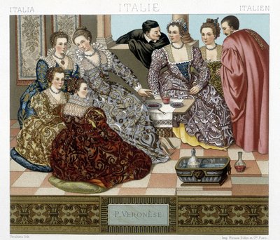 Benátské kroje 17. století. Ilustrace v „Historickém kostýmu“ od Racqueta od Albert Charles August Racinet