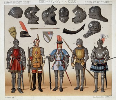Válečníci v 15.-17. století - v „“Le Kostým historique““ od Racineta od Albert Charles August Racinet