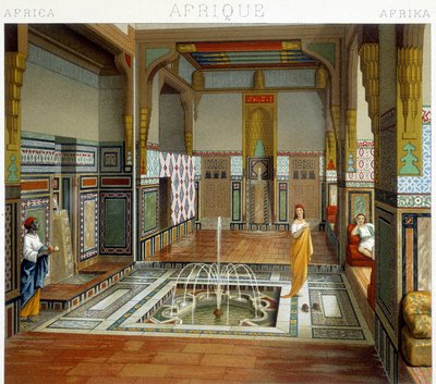 Žena a její sluha jsou vedle fontány v domě v Káhiře (Egypt). Chromolitografická deska - v „“Le Kostým historique““ od Racinet od Albert Charles August Racinet