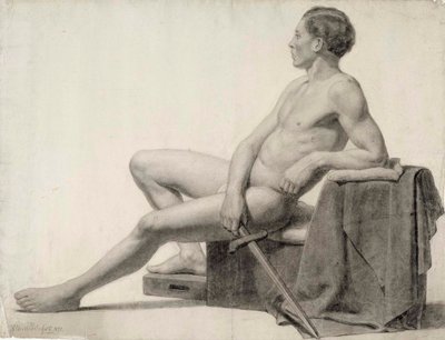 Sedící mužský model držící meč, akademická studie od Albert Edelfelt