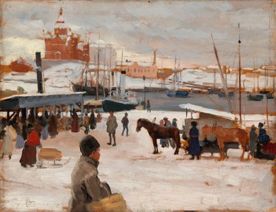 Zimní den na tržním náměstí v Helsinkách, studie; skica k dílu „Zimní den na tržním náměstí v Helsinkách“ od Albert Edelfelt