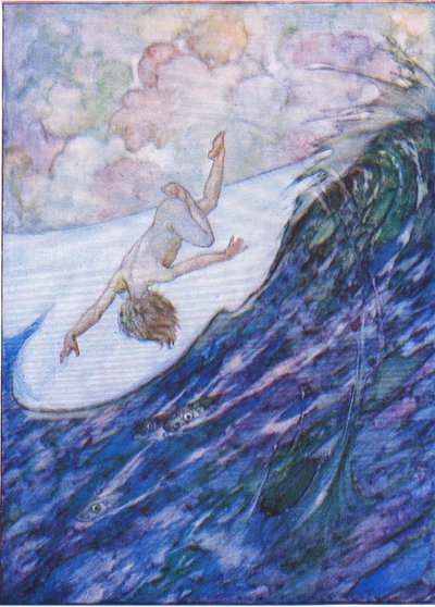 Vydal tři lodě z vody, yard vysoké a bezhlavě, z hospody The Water Babies. Humphrey Milford Oxford University Press, kolem roku 1930 (barevné litho) od Albert Edward Jackson