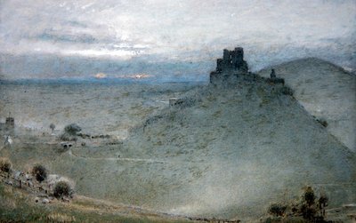 Corfe Castle (pero a tuš s akvarelem a tělovou barvou na papíře) od Albert Goodwin