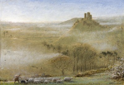 Hrad Corfe, májové ráno, kolem 1860-1932 (tužka, akvarel, tělová barva, pero a inkoust na papíře) od Albert Goodwin