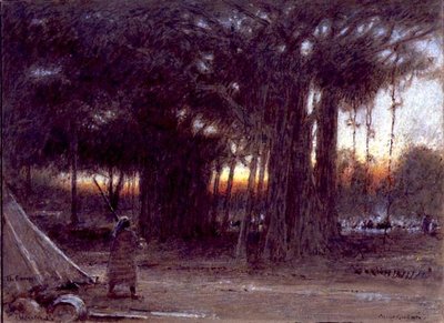 Banyan Trees and the Sentinel (pero a inkoust, akvarel a kvaš) od Albert Goodwin