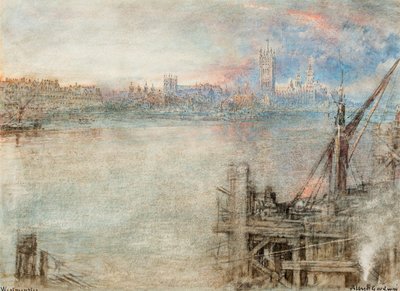 Westminster s budovou parlamentu při západu slunce (tužka, černý inkoust a akvarel se škrábanci na papíře) od Albert Goodwin