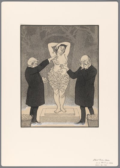 Ontwerp voor een politieke spotprent: twee heren bedekken een staande naakte vrouw met vijgebladeren   1385186   cs       czech Successfully Translated  Original: En v Translat: En v 1331065 cs czech Successfully Translated Original: Russell Translat: Russ od Albert Hahn (I)