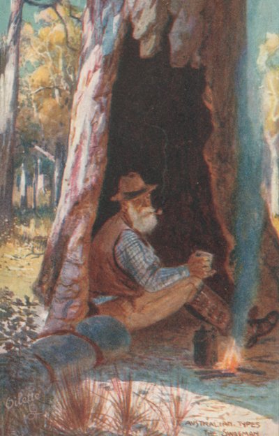 Australské typy: The Swagman (barevná litografie) od Albert Henry Fullwood