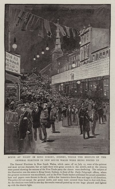 Noční scéna na King Street v Sydney, zatímco byly zveřejňovány výsledky všeobecných voleb v Novém Jižním Walesu od Albert Henry Fullwood