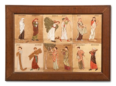 Šest dlaždic Minton Hollis & Co představujících měsíce, cca 1880-99 (malovaná keramika) od Albert Joseph (attr.to) Moore