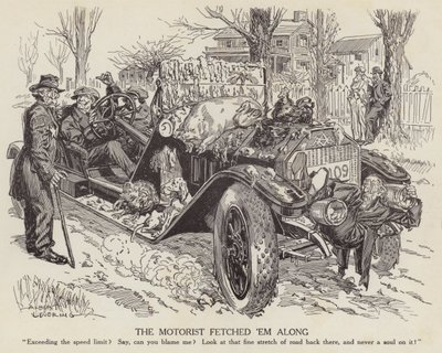Kreslený film zesměšňující muže, který řídí své auto překračující povolenou rychlost (litho) od Albert Levering