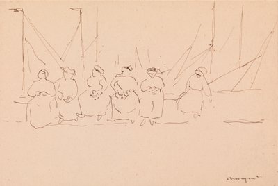 Šest žen na molu (pero a inkoust na papíře) od Albert Marquet