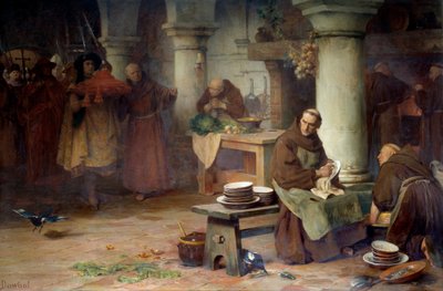 Svatý Bonaventura (San Bonaventura) (1217-1274) přijímá purpurovou kardinálku Vysoký úředník Vatikánu přináší kardinálský bar mnichovi, který se zabývá zvěřinci v opatství. Obraz Alberta Pierra Dawanta (1852-1923) 1897 Ne. 1,4x od Albert Pierre Dawant