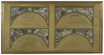 Skica pro Salon des Lettres na pařížské radnici: velká literární díla (La Chanson de Roland, Le Misanthrope, Eviradnus, Mimi Pinson, Le Cid, Phèdre, Pantagruel, La Cigale), kolem roku 1890 (olej na plátně, černá tuš). od Albert Pierre Rene Maignan