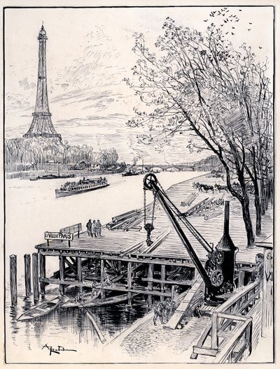 Zahájení stavebních prací na architektonické přestavbě středověké Staré Paříže na břehu Seiny pro Světovou výstavu 1900. od Albert Robida