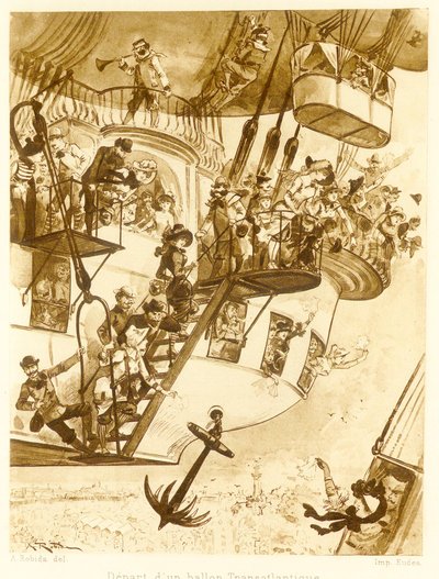 Odlet transatlantického balónu z Le Vingtieme Siecle, hospoda. 1883 litografie, 1883. od Albert Robida