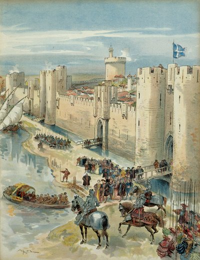 Osmá italská válka (1536-1538): rozhovor s Aigues Mortes (nebo treve z Aigues Mortes) dne 14. července 1538, setkání mezi Francoisem I. (1494-1547), králem Francie a Karlem V. (1500-1558), králem Španělska a císař Svaté říše římské germánský. Illustrat od Albert Robida