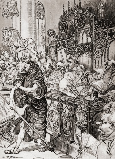 Bratr Jean des Entommeures se zmocňuje bašty kříže nebo mnich John des Entommeures se zmocňuje křížové hole. od Albert Robida