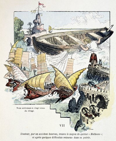 Gulliver a jeho gigantická loď v přístavu liliputů - v „“ Voyages de Gulliver”” od Jonathana Swifta (1721), nemocného. od Robidy od Albert Robida