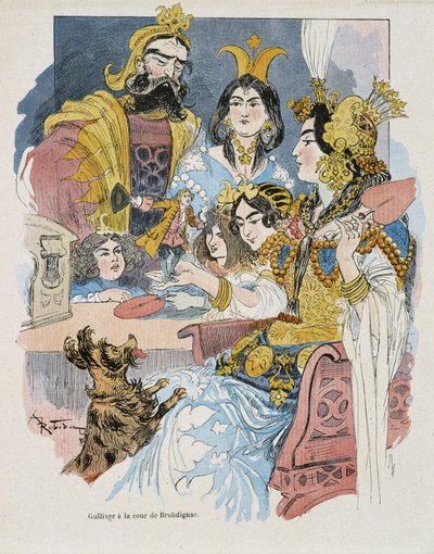 Gulliver u soudu Brobdignac - v "" Gulliver Voyages "" od Swifta, ill. od Robida od Albert Robida