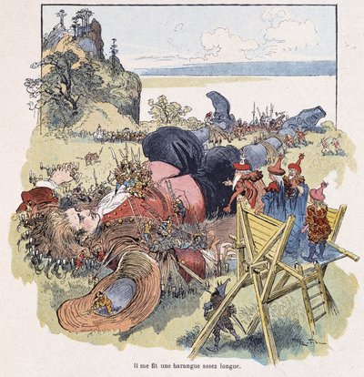 Gulliver svázaný liliputány – v „“Gulliver Voyages““ od Swift, nemocný. od Robida od Albert Robida