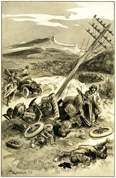 Ilustrace Alberta Robidy (1848-1926) pro knihu Leona Berthaulta „“ Le record du tour du monde “, vydání Mame ze začátku 20. století (1911) - dopravní nehoda kolem roku 1900: auto narazilo do sloupu telegrafického vedení. Vysunutí cestující jsou zraněni - od Albert Robida