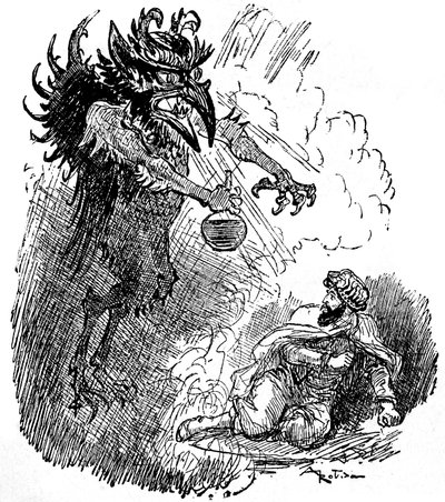 Ilustrace Albert Robida (1848-1926) arabské legendy (1001 nocí) (Příběhy tisíce a jedné noci): hrozný démon (zlý džin) obdaruje muže lahví vína. rytina knihy „Choix de lektors““ Armand Colin 1926. od Albert Robida