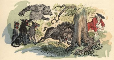 Ilustrace Albert Robida v „“Historie a dobrodružství barona de Munchausen“ (Munchhausen), H. Laurens Ed., konec 19. století.““ od Albert Robida