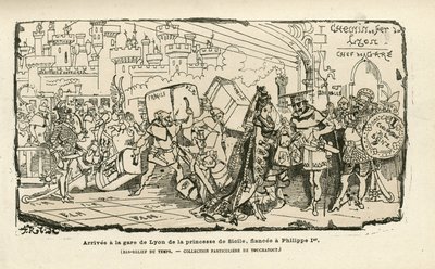 Ilustrace Alberta Robidy (1848-1926) v Histoire de France tintamarresque, ca. 1880 - stanice, starověký režim, Sicílie - Philippe I od Albert Robida