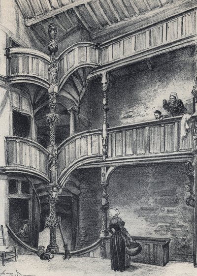 Interiér domu v Morlaix - Stará Francie - Bretaň - text, kresby a litografie, Albert Robida (1848-1926) nedatováno konec 19. století od Albert Robida