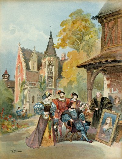 Král Francois I (1494-1547) kupuje Monu Lisu Leonardu de Vinci (Leonardo da Vinci) (1452-1519), v blízkosti královského hradu Amboise, mezi 1516 a 1519. Ilustrace od Albert Robida