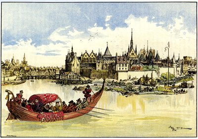 Král Jindřich III. na lodi při pokládání prvního kamene mostu Pont Neuf přes Seinu v Paříži, 31. května. od Albert Robida