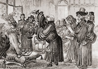 Le Sophiste feut introduict et commença sa harangue en toussant neboli Sofista byl představen a svou řeč zahájil kašlem. od Albert Robida