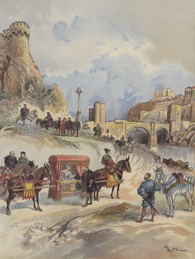 Marguerite z Francie, která jde navštívit svého bratra, je přijata na Pont de Toledo Karlem V od Albert Robida