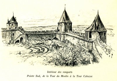 Keskiaikainen Carcassonnen kaupunki (Aude, Languedoc, Cathar Country) - Vallien sisäpuoli, eteläkärki, Moulin-tornista Cahuzacin torniin - Ulkoilmateatterin sijainti - Albert Robidan (1848-1926) romanttinen kaiverrus begissä julkaistu kirja od Albert Robida