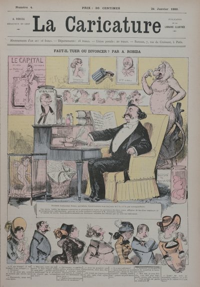 Vražda nebo rozvod, obálka "La Caricature", na níž je Alexandre Dumas Fils (1824-95) vyobrazen jako "odborník" na manželská dramata, 1. ledna 1880 od Albert Robida