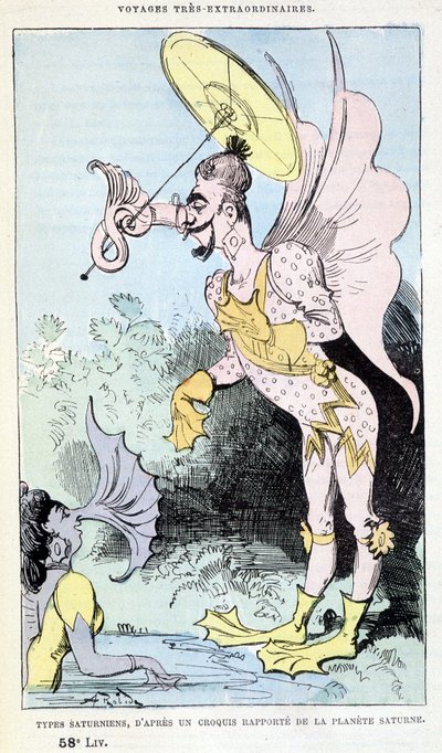 Saturnské typy z hlášeného náčrtu planety Saturn (pseudoantropologické groteskní nestvůry), parodie na Julese Verna, „“ Velmi mimořádné cesty Saturnina Farandoula v 5 nebo 6 částech světa a ve všech zemích známých i neznámých M. od Albert Robida