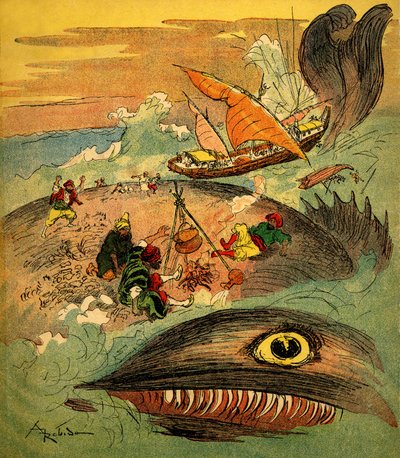 Sindibad námořník (Sindibad) - příběh tisíce a jedné noci (1001) - kniha z roku 1948 vyprávějící jeho dobrodružství (edice Fortin, sbírka Wonderful Imaging of dětství) - ilustrace Albert Robida (1848 - 1926): Sindibad a jeho společníci mají nepodařilo od Albert Robida