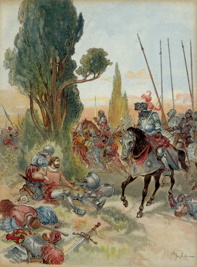 Šestá italská válka (1521-1526): Smrt Pierra Terraila de Bayarda (1476-1524), zraněného při úderu arkebusy v Rebecu (Itálie), v roce 1524 mu čelil Charles de Montpensier, spojovatel z Bourbonu (1490-1527). . Ilustrace od Albert Robida