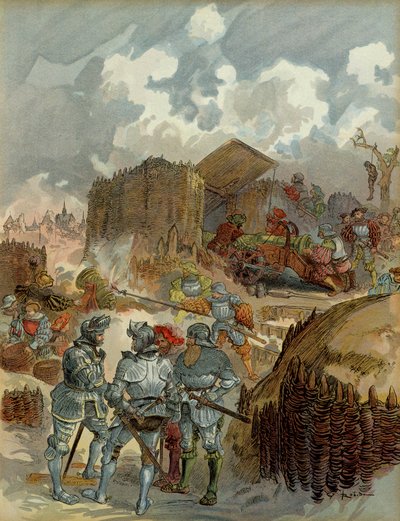 Šestá italská válka (1521-1526): Pierre Terrail de Bayard (1476-1524) v sídle Mezieres v roce 1521. Ilustrace od Albert Robida