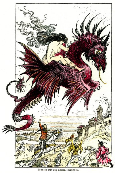 Succubus: ženský démon (žena - žena) jedoucí na drakovi - ilustrace Alberta Robidy k Drolatic Tales od Honore de Balzaca - začátek 20. století od Albert Robida