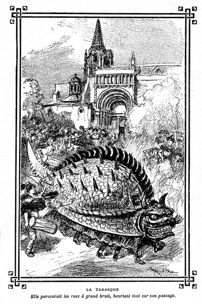 Tarasconův Tarasque, pohádkové monstrum z folklóru Provence: ilustrace Albert Robida školní knihy „Volba četby“ od A Mironneau, Librairie Armand Colin 1911 - od Albert Robida