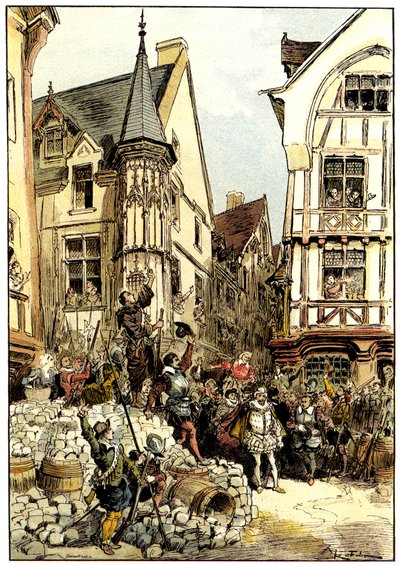 Vévoda de Guise v den barikád v Paříži, povzbuzován davem a vojáky pluku Gardes Francaises. od Albert Robida