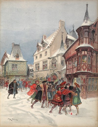 Král zraněn během předstírané bitvy u domu St. Pol v Romorantinu, ilustrace z 