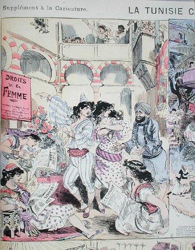 „Práva žen“ v Tunisku, karikatura z „Le Caricature“ 1883 (barevné lito) od Albert Robida