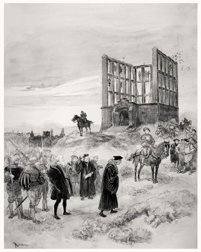 Superintendant Jacques de Semblancay (asi 1445-1527) odsouzen k smrti na Montfaucon Gibbet, 1909 (wc na papíře) od Albert Robida